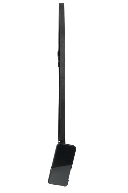 Leather phone strap 321A black – worn over shoulder