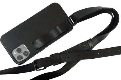 Leather phone strap 321A black – flat lay, handmade London