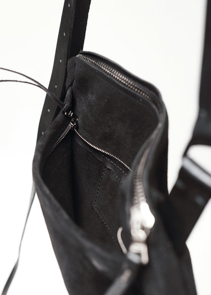 Suede crossbody bag 167Y – flat lay, handmade London
